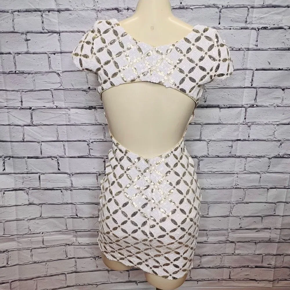 Dress The Population Women's White Lined Sequin Gabriela Mini Dress Size XS